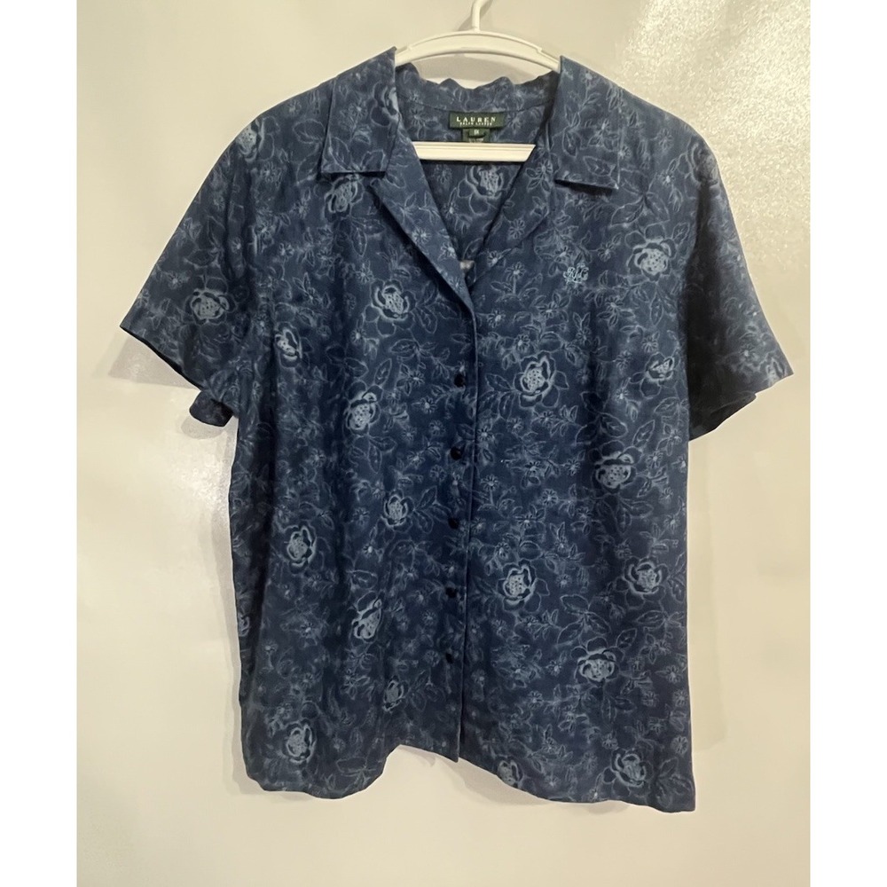 Lauren Ralph Lauren 1X Shirt Womens Blue Floral Short Sleeve Linen Button NWT